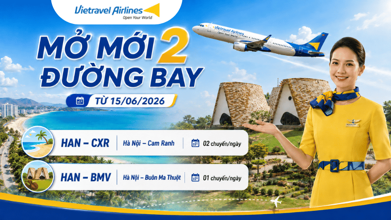 Vietravel Airlines mở 2 đường bay mới từ H&agrave; Nội đi Nha Trang v&agrave; Bu&ocirc;n Ma Thuột