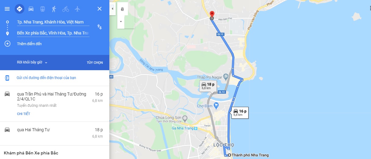 Bản đồ di chuyển đến bến xe phía Bắc Nha Trang