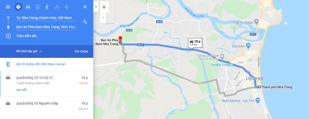 Bản đồ di chuyển đến bến xe phía Nam Nha Trang