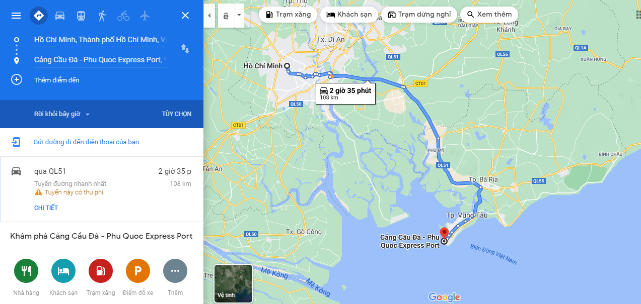 Bản đồ di chuyển từ Hồ Chí Minh đến Cảng cầu Đá
