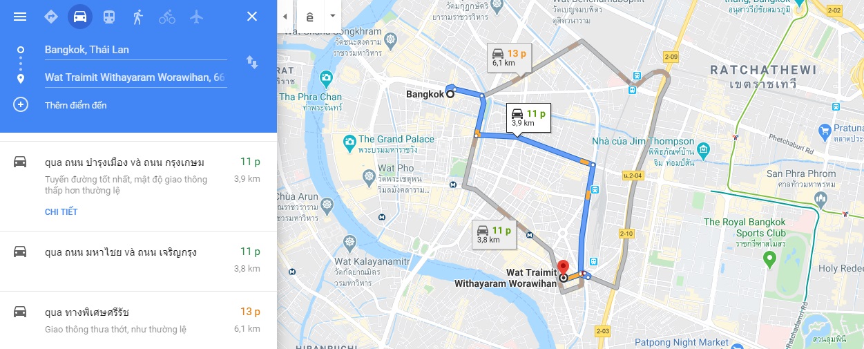 Bản đồ đến chùa Vàng Wat Traimit