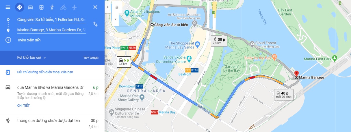 Bản đồ di chuyển đến đập nước Marina