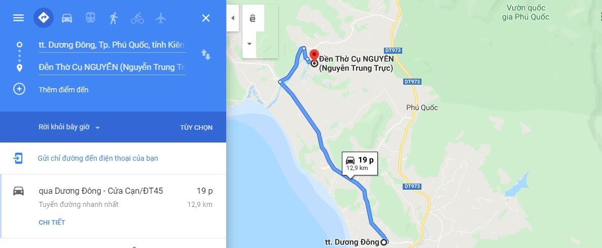 Bản đồ di chuyển đến đền thờ Nguyễn Trung Trực Phú Quốc