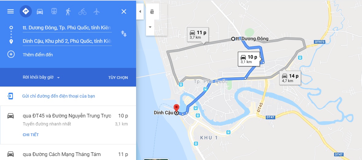 Bản đồ di chuyển đến Dinh Cậu, Phú Quốc