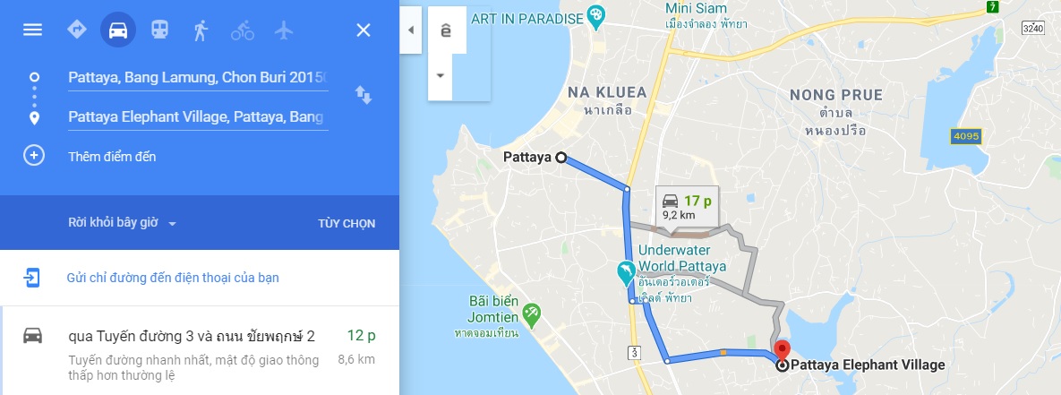 bản đồ di chuyển đến Làng Voi Pattaya