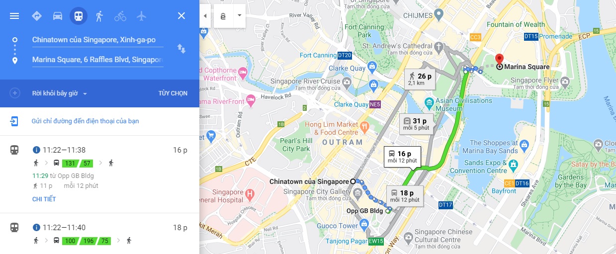Bản đồ di chuyển đến Marina Square từ Chinatown