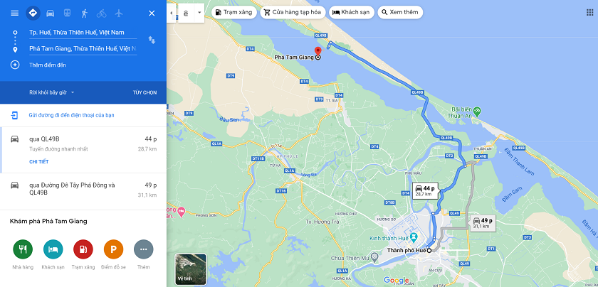 Quãng đường di chuyển từ thành phố Huế đến Phá Tam Giang