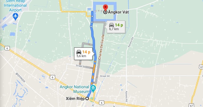 Bản đồ hướng dẫn di chuyển từ Siem Reap đến quần thể Angkor