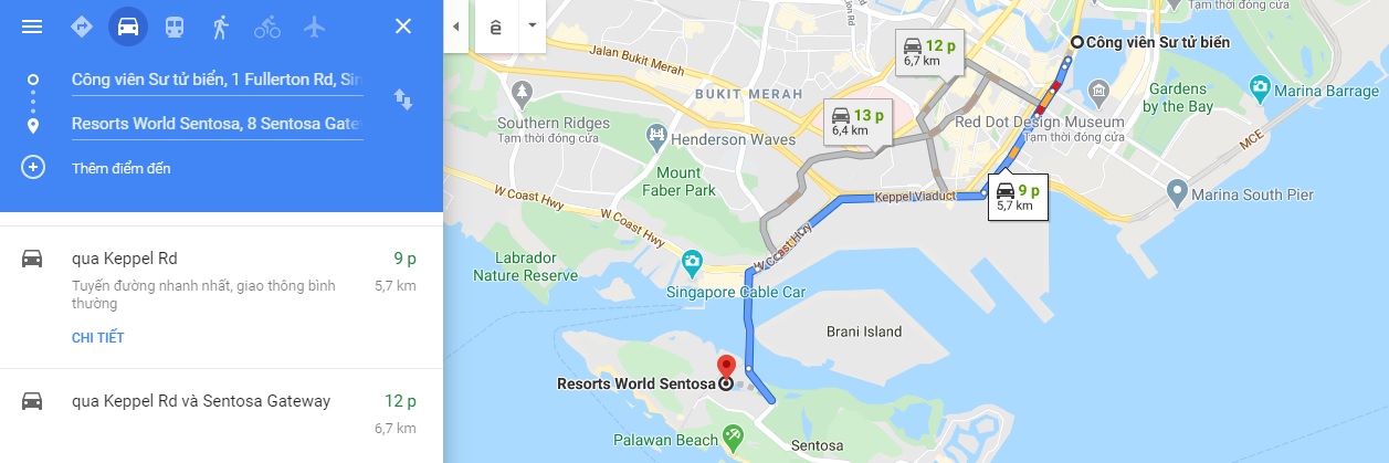 Bản đồ di chuyển từ Công viên sư tử biển tới Resort World Sentosa