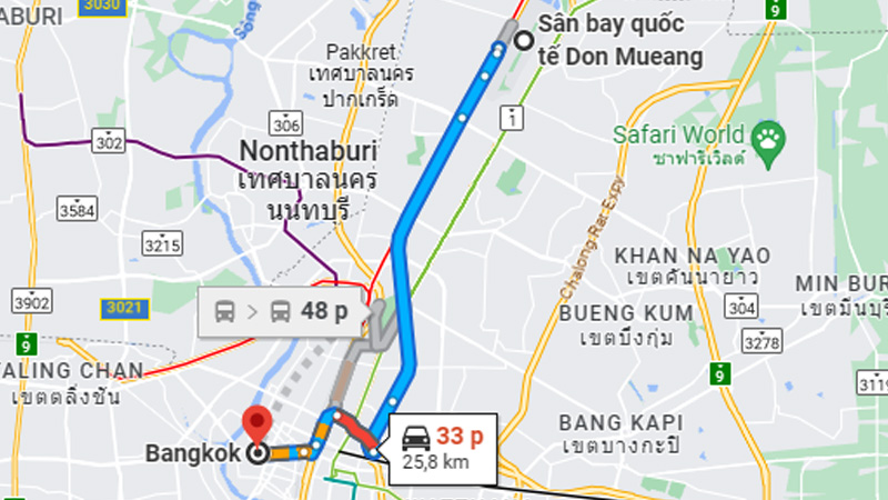 Thời gian dối lên đường kể từ trường bay Don Muang về Bangkok khoảng tầm 33 phút