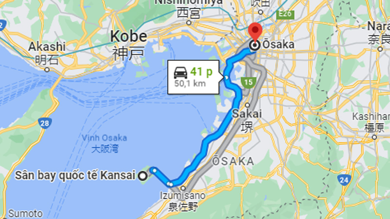 Di chuyển từ sân bay Kansai đến trung tâm Osaka khoảng 40 - 50 phút