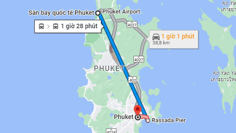 Thời gian từ sân bay Phuket về trung tâm thị trấn khoảng 1 giờ - 1 giờ 17 phút
