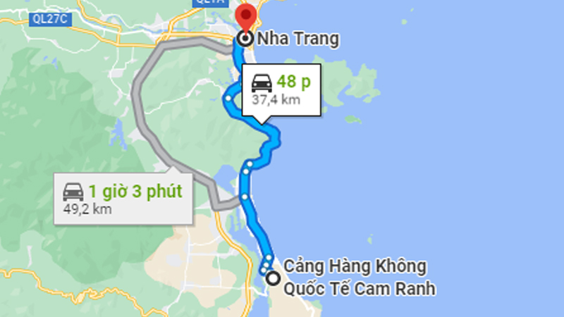 Thời gian di chuyển từ sân bay Nha Trang đến trung tâm thành phố khoảng 48 phút