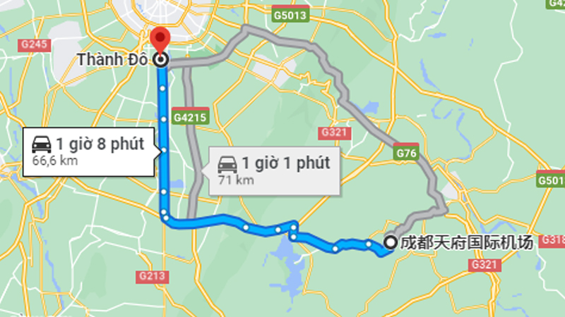 Từ sân bay Thiên Phủ về trung tâm Thành Đô mất khoảng 1 giờ đến 1 giờ 30 phút