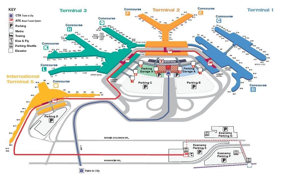 Sơ đồ tổng quan các nhà ga hành khách tại sân bay quốc tế Chicago O’Hare