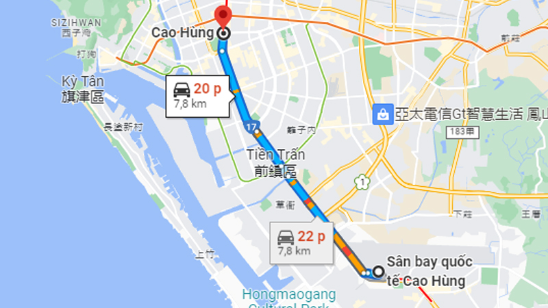 Di chuyển từ sân bay về trung tâm Cao Hùng tầm 15 - 20 phút