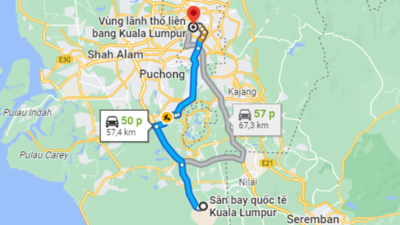 Di chuyển từ sân bay đến trung tâm Kuala Lumpur tầm 50 - 60 phút
