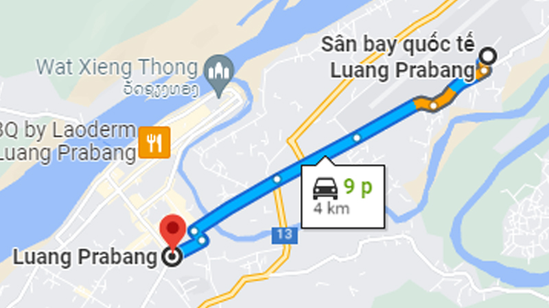 Di chuyển từ sân bay đến trung tâm Luang Prabang mất khoảng 8 phút