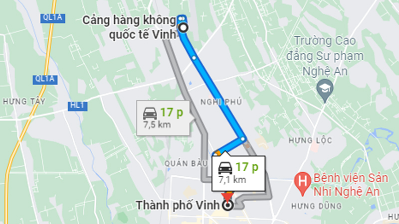 Thời gian di chuyển từ sân bay Vinh đến trung tâm thành phố khoảng 15 - 20 phút