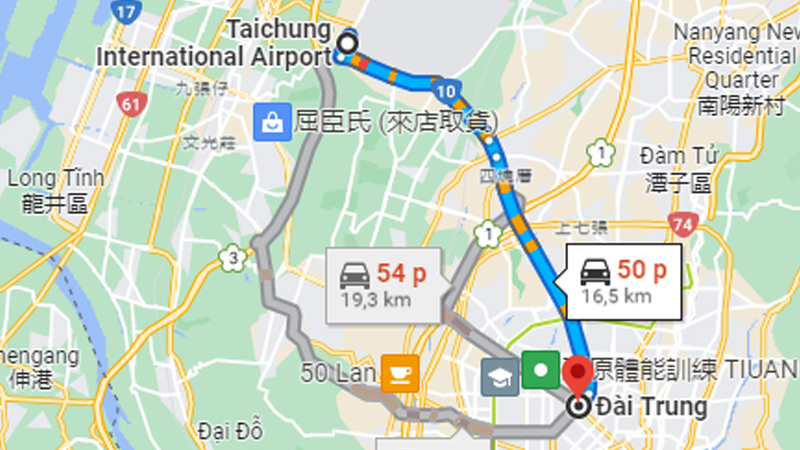 Từ sân bay Taichung về trung tâm thành phố Đài Chung khoảng 40 - 50 phút