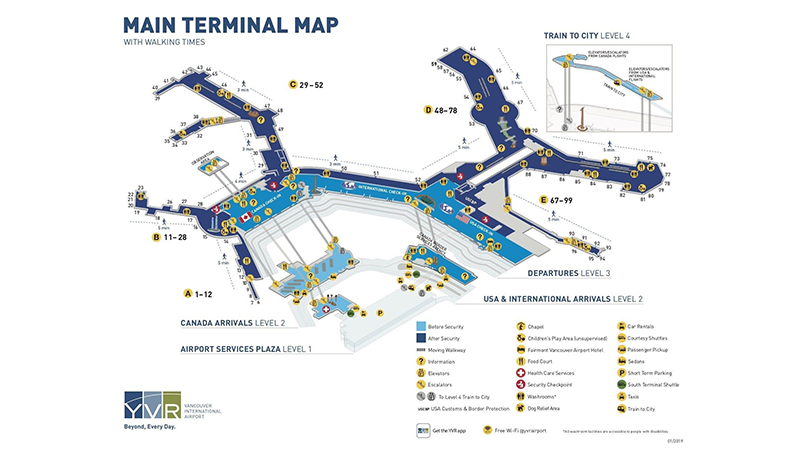 Sơ đồ nhà ga chính của sân bay quốc tế Vancouver (Canada)