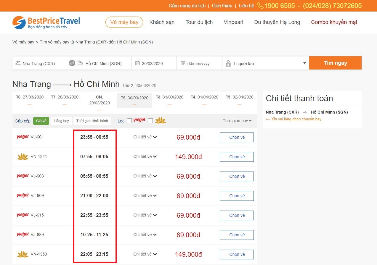 Thời gian bay từ Nha Trang đi Hồ Chí Minh