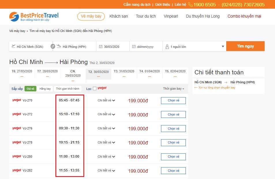 Thời gian bay từ Hồ Chí Minh tới Hải Phòng