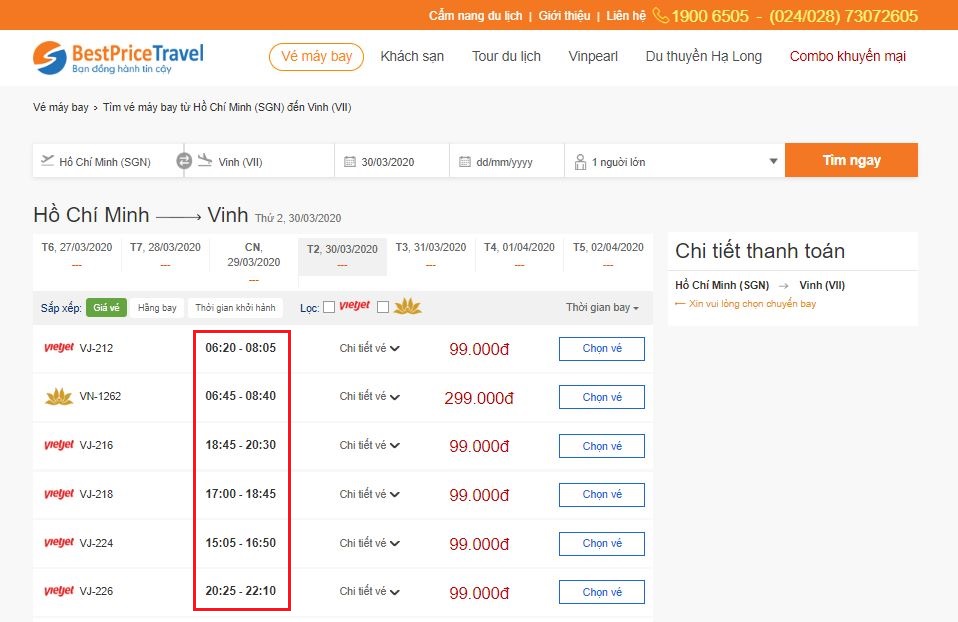 Thời gian bay từ Hồ Chí Minh đi Vinh