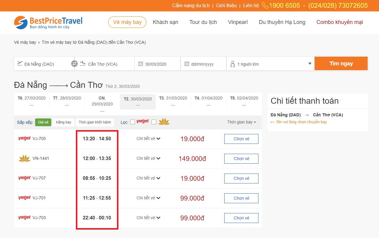 Thời gian bay từ Đà Nẵng đến Cần Thơ