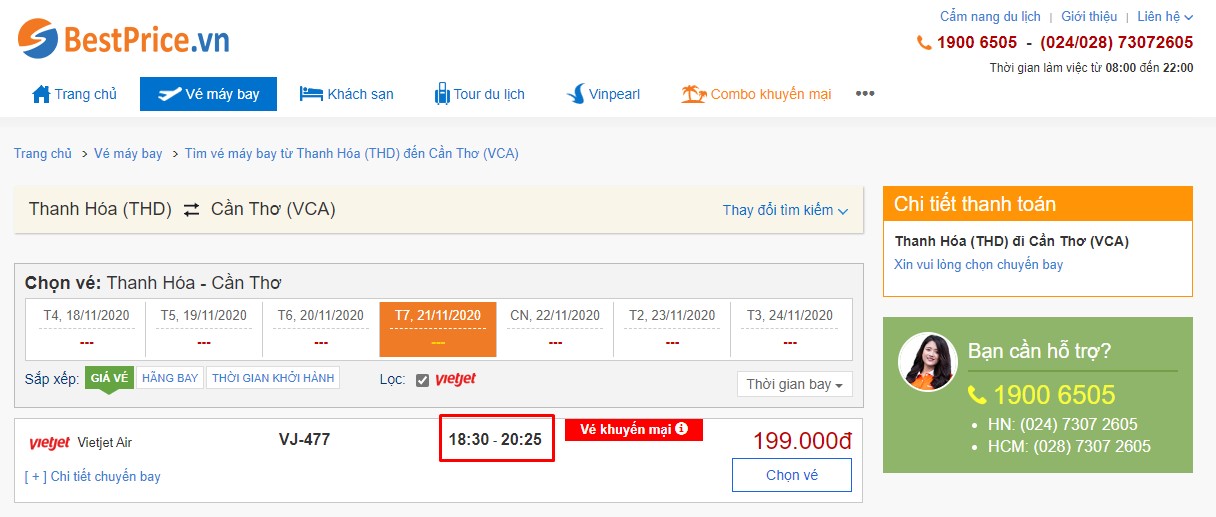 Thời gian bay từ Thanh Hóa - Cần Thơ Vietjet Air