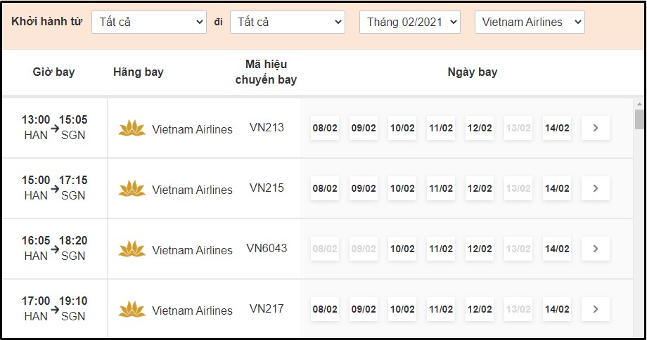 Tra cứu lịch bay Vietnam Airlines tại BestPrice