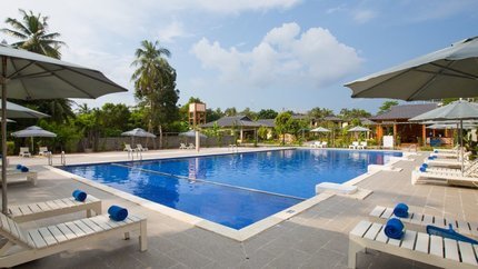 Bể bơi ngoài trời cùng ghế dài tắm nắng