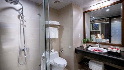 Phòng vệ sinh được lát đá màu tạo cho không gian trở nên sang trọng