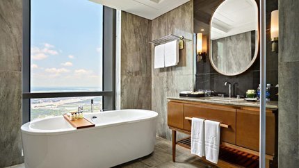 Phòng trang bị bồn tắm nhìn ra thành phố