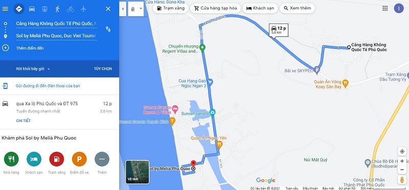 Bản đồ từ sân bay Phú Quốc đến Sol by Melia Phú Quốc