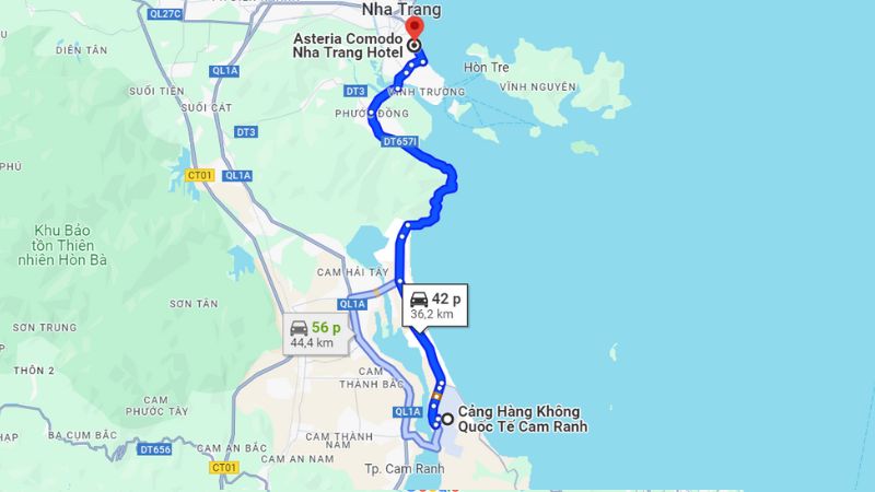 bản đồ di chuyển từ Cam Ranh đến Asteria Comodo