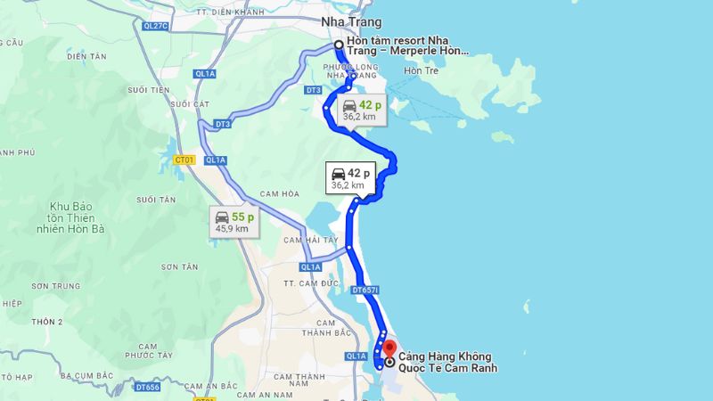 bản đồ sân bay cam ranh đến hòn tằm resort