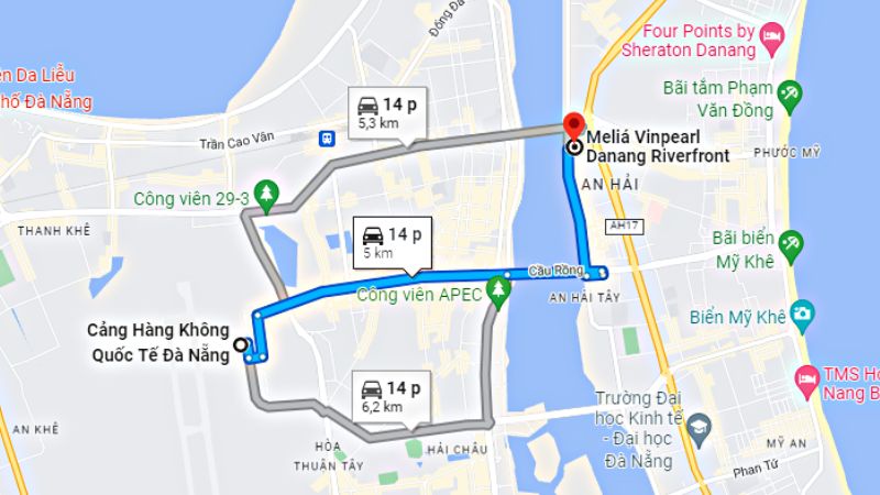 Bản đồ từ sân bay Đà Nẵng đến Vinpearl Condotel Riverfront Đà Nẵng