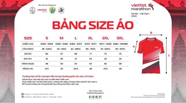 Bảng size áo Viettel Marathon