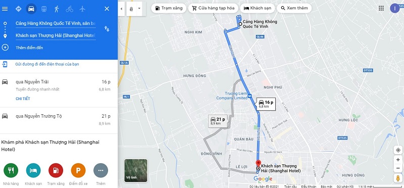 Bản đồ từ s&acirc;n bay Vinh đến kh&aacute;ch sạn Thượng Hải - Vinh