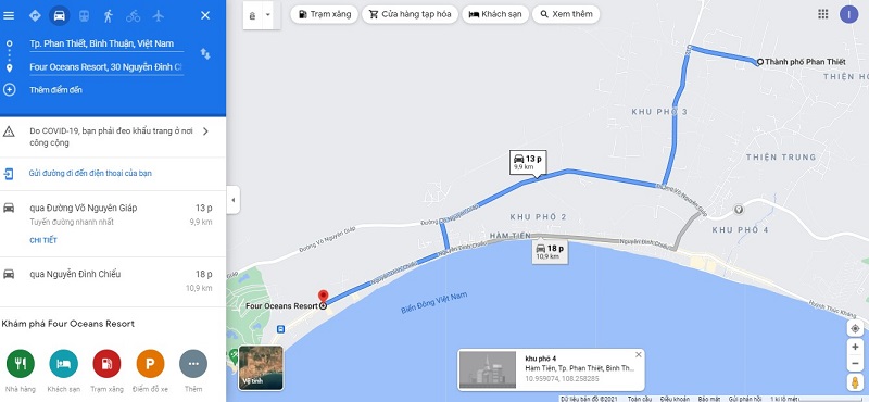Bản đồ từ thành phố Phan Thiết đến Four Oceans Resort Mũi Né