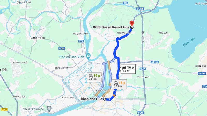 Di chuyển từ trung tâm thành phố Huế đến KOBI Resort Huế