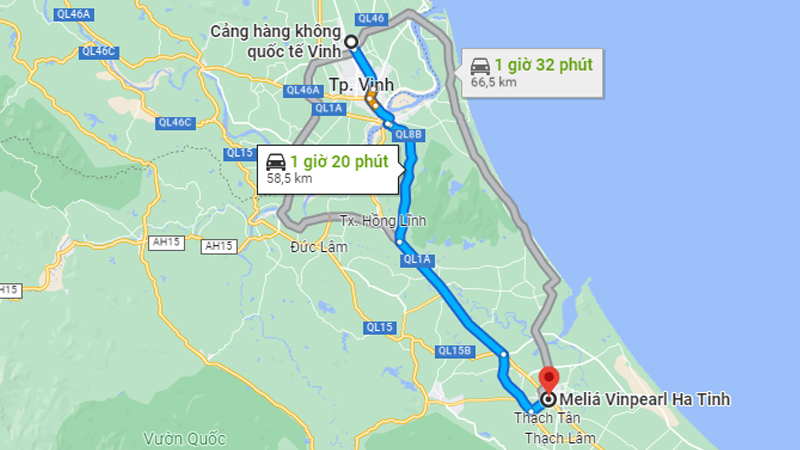 Đường di chuyển từ sân bay Vinh tới khách sạn Melia Hà Tĩnh