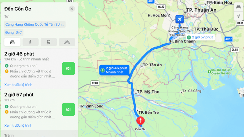 Quãng đường di chuyển từ sân bay Tân Sơn Nhất đến Cồn Ốc