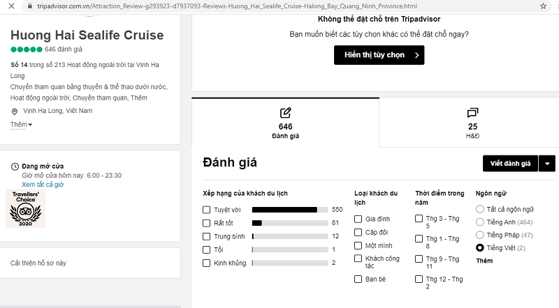 Du thuyền Hương Hải Sealife review tripadvisor
