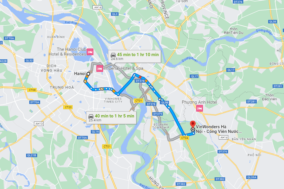 Từ trung tâm Hà Nội đến công viên nước VinWonders mất khoảng 40 phút đến 1 tiếng