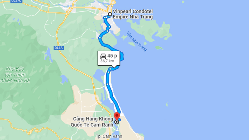 Bản đồ từ sân bay Cam Ranh đến Vinpearl Condotel Empire Nha Trang