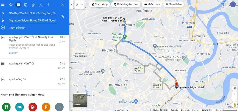 Bản đồ từ sân bay Tân Sơn Nhất đến khách sạn Signature Sài Gòn