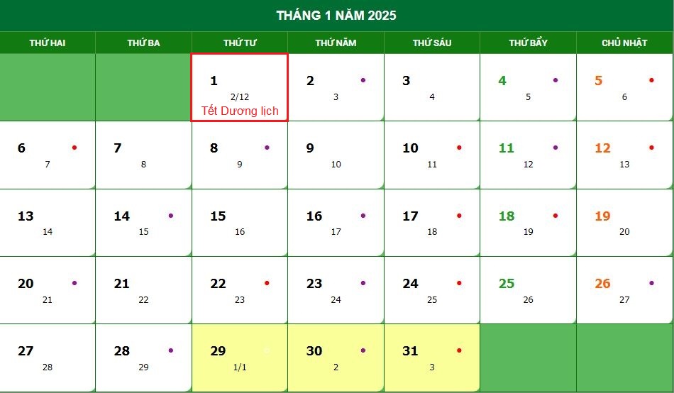 Lịch nghỉ Tết Dương 2025
