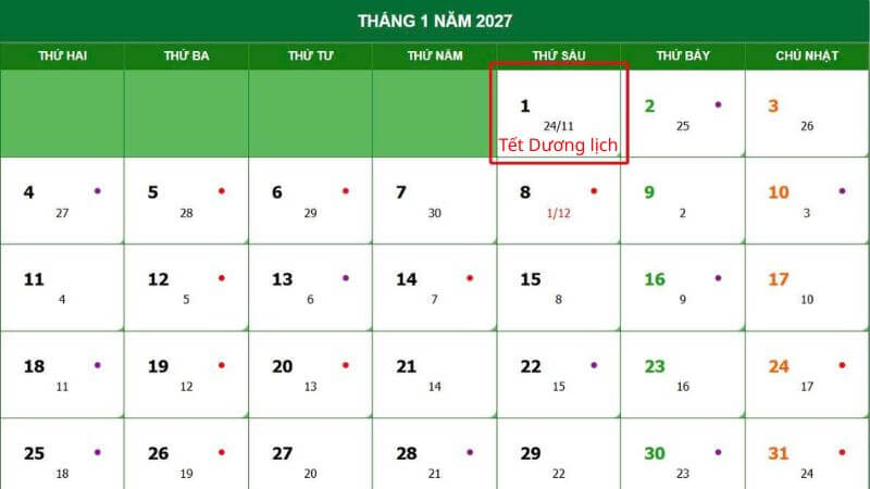 Lịch nghỉ Tết Dương 2027
